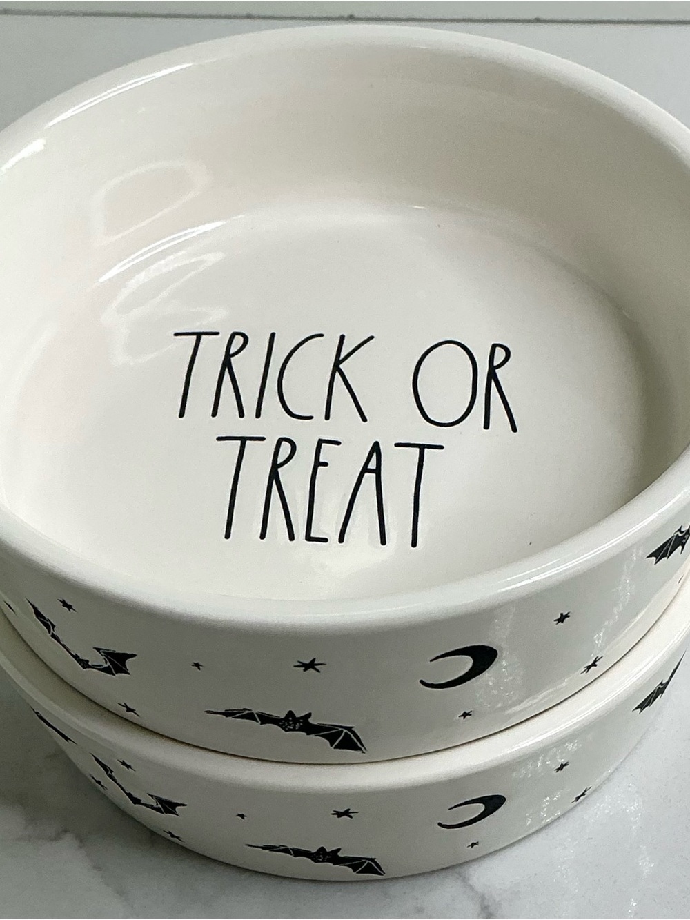 2 Rae Dunn Cat Bowl White Ceramic Halloween Pattern- TRICK OR TREAT - New